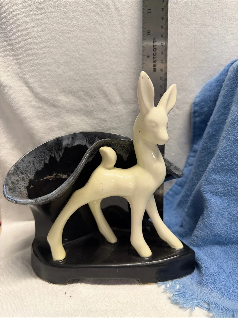 Mid-Century Modern Ceramic Deer Planter Vase - Black & Cream